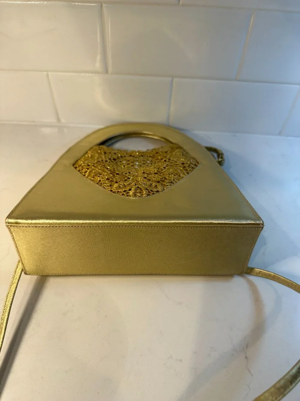 Stuart Weitzman Vintage Metallic Gold Patent Leather and Lace Evening Bag RARE
